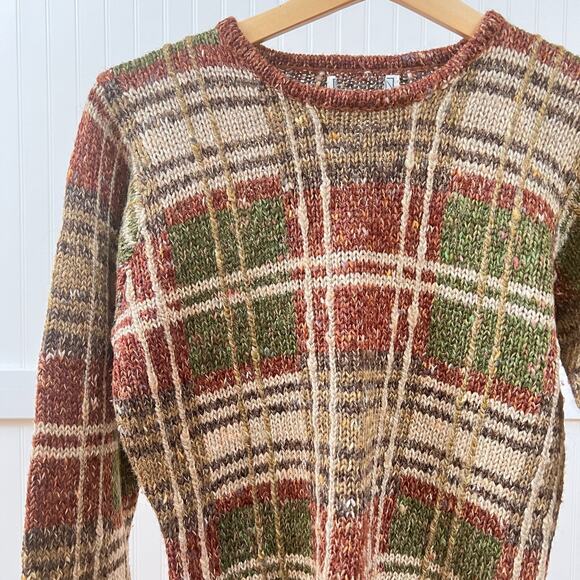 Vintage Plaid Knit Sweater Women's M Cottagecore Academia Earth Tone Warm Cozy - Picture 1 of 8